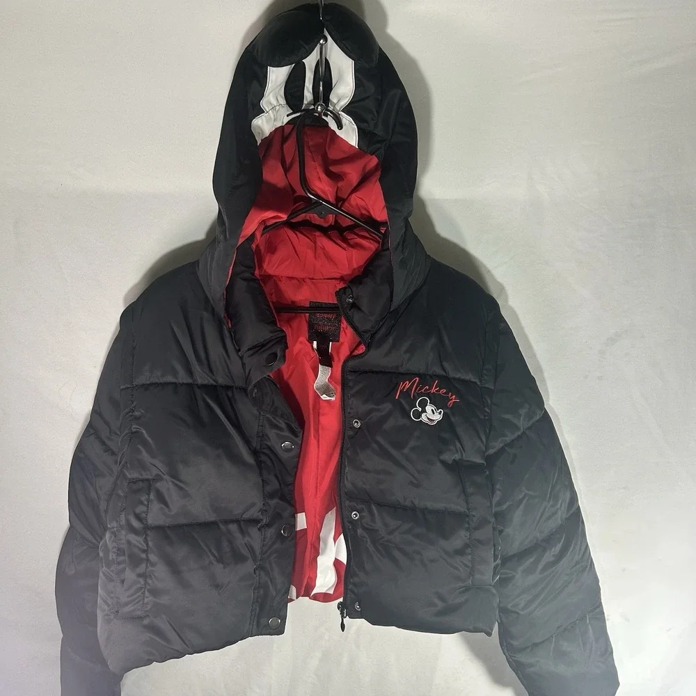 Disney Forever 21 Mickey Mouse Puffer Jacket Vest Black Red Hooded L